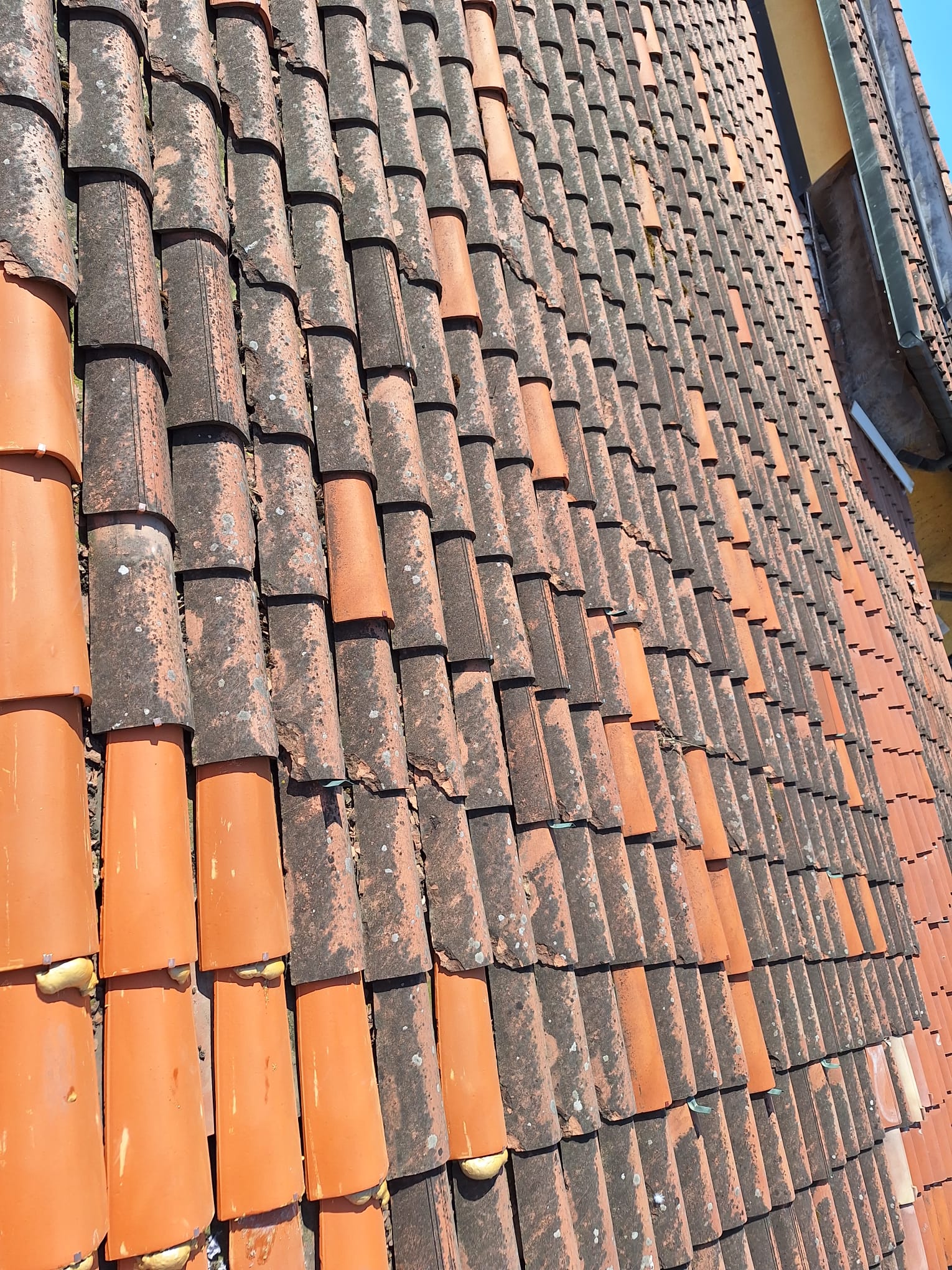 A close-up view shows rows of weathered terracotta roof tiles in direct sunlight.